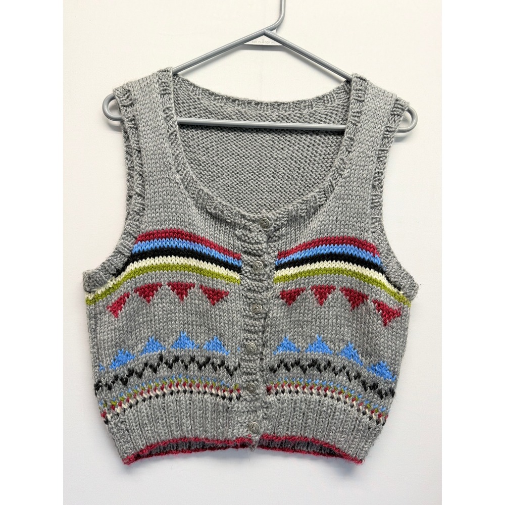 Handmade Grey Fair Isle Knit Crop Sweater Vest Floral Button Folk Cottagecore